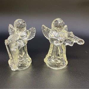 Vintage Clear Glass Angel Candleholders Playing Large Harp & Violin Set of 2